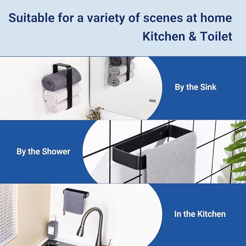 SAYAYO Matte Black Hand Towel Holder for Bathroom Wall, 8 Inch Self Adhesive Towel Bar Hand Towel Rack Square Heavy Duty - color: Black, size: 8 Inch