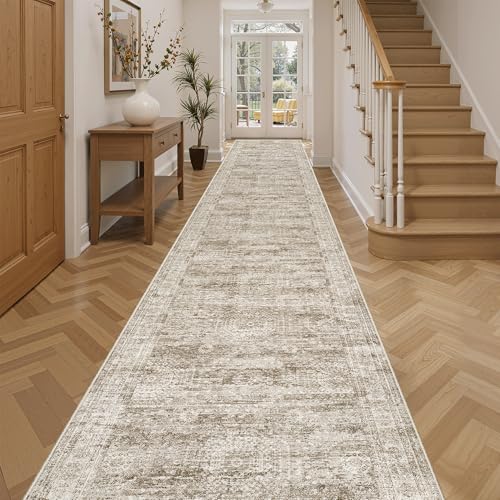 Soalmost Washable 3x14 Hallway Runner Rug Non-Slip Kitchen Entry Rugs Brown | Vintage Long Runners 14ft for Bathroom Entryway, Foldable Low-Pile Wide Floor Carpet Mat for Corridor Living Room Bedroom - color: Brown, size: 3' x 14' (Runner)