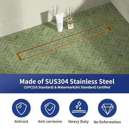 Linear Shower Drain, 304 Stainless Steel Floor Drain 24" | with Tiled Insert Grate & Hair Strainer, Bathroom 2-in-1 Tiled in Drain, CUPC Certified - color: Brushed Gold, size: 24''
