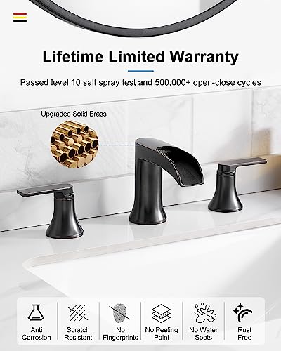 Oil Rubbed Bronze Widespread Waterfall Bathroom Sink Faucet 3 Hole, 4-8 Inch Brass Farmhouse Bathroom Faucets with Pop-up Drain and Supply Lines, 2 Handle for Vanity, Lavatory, Restroom - color: Oil Rubbed Bronze, style: WITH Pop Up Drain