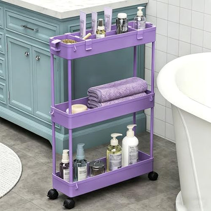 Slim Storage Cart 3 Tier,Bathroom Organizer Rolling Utility,Mobile Shelving Unit Slide Out for Office, Kitchen, Laundry Room & Narrow Places,Purple - color: Purple