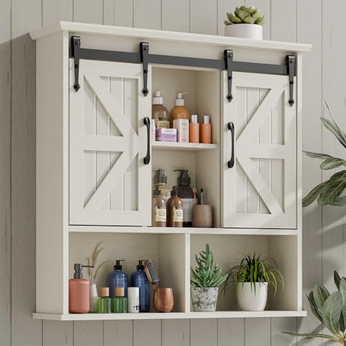 Vabches Bathroom Wall Cabinet, Farmhouse Medicine Cabinet, White | Wooden Vintage Storage Cabinet Wall Mounted with Double Sliding Barn Door and Adjustable Shelf for Bathroom, Kitchen - color: Vintage White, style: Sliding Doors