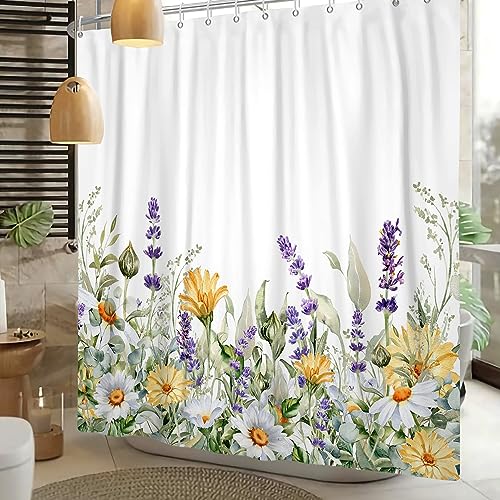 Floral Shower Curtain for Bathroom Daisy Lavender Leaves Spring Summer Plant Retro Flowers Shower Curtain for Beautiful Bathroom Decoration Curtains Waterproof Fabric 72x72 inch - color: Yellow Purple, size: 72"W x 72"L (Pack of 1)