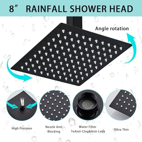 8 Inch Shower Faucet Set Ceiling Mount, High Pressure Rainfall Shower System, Square Rain Shower Head with Handheld Spray Combo, Ceiling Luxury Rainfall Shower Fixtures Matte Black (L-Style) - color: Matte Black, style: 8 Inch-L Style