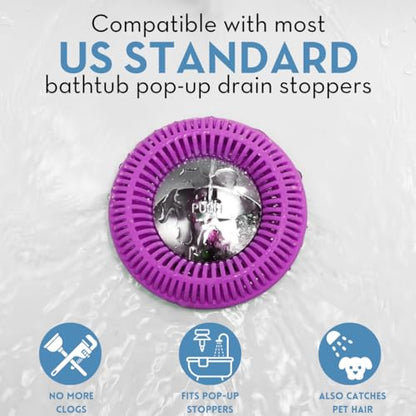 The Ultimate Tub Drain Protector Hair Catcher/Strainer/Snare, Regular - Purple | Easy snap-in design fits around bathtub stoppers. Customizable utility guard for clog prevention. Fits 1.85"- 2.16" drains. . - color: Purple