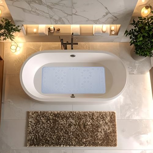 Bathtub Mat Non Slip 36'' X 17'', Soft Foam Bath Mat for Tub, Bathtub Mat with Drain Holes, Suction Cups Shower Mat (Cement Blue, 36''X17'')