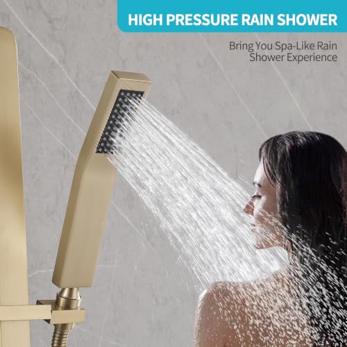 Shower Slide Bar Handheld Shower Head with Hose, Bathroom Showerhead with Handle Spray, High Pressure Shower Slide Bar Height Adjustable with 59.06 Inch Stainless Steel Hose Brushed Gold - color: Brushed Gold-Square