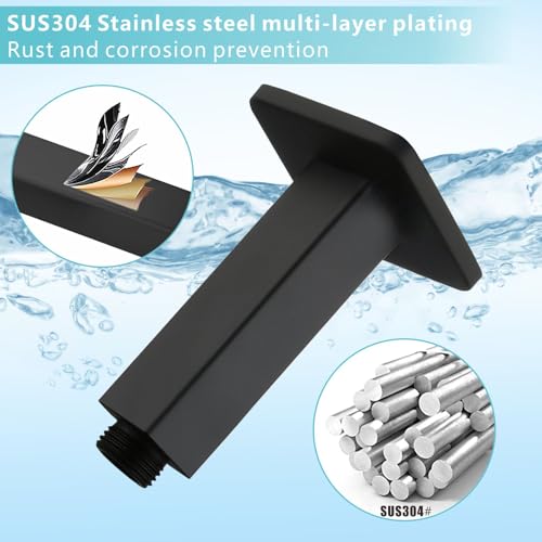 Ceiling Mounted Shower Arm with Flange, Universal Connection 1/2 NPT Straight, Made of Thicken Stainless Steel, Square Extension Arm for Fixed Rain Shower Head(6 Inch,Matte Black) - color: Matte Black, style: 6 Inch