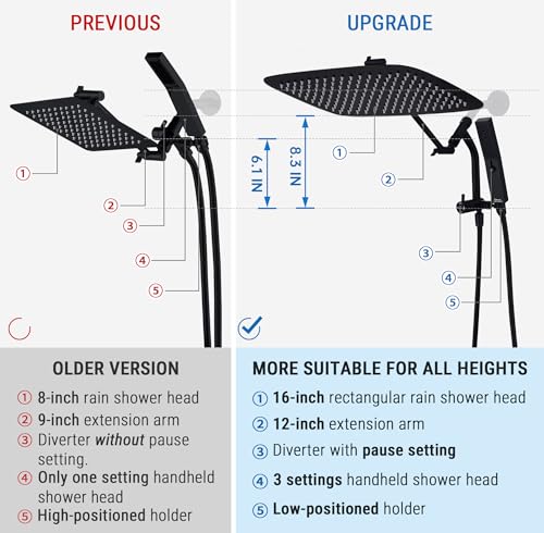 G-Promise 16 Inch All Metal Rain Shower Head with Handheld (Matte Black) | Suits Every Height, Pause Mode Diverter, Massage Mode Handheld, Full Body Coverage, Easy to Install, Modern Bath Upgrade - color: Matte Black, size: 16 Inch