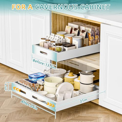 HBL' 1 Pack | 21" Deep Pull Out Cabinet Organizer Adhesive, (13.8" to 22.0") Width Expandable Sturdy Carbon Steel Roll-Out Drawers, Designed for Frameless Cabinets, Slide-Out Shelves for Pantry. - size: 21"D x (13.8" to 22.0)"W x 3.1"H
