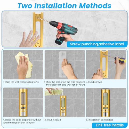 Foam Hand Soap Dispenser, 400ml Bathroom Shower Dispenser Gel Container Shower Pump Dispenser and Organizer for Bathroom Kitchen Hotel, Refillable Liquid Lotion Soap Dispenser Wall Mounted - color: Gold