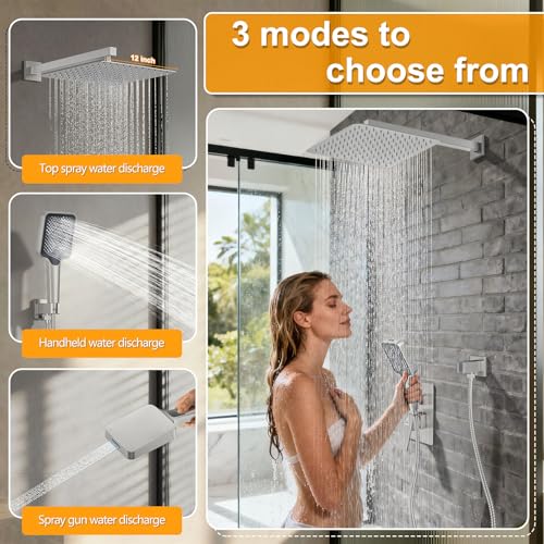 Shower System Modern Rain Brass Faucet Set With Valve and Diverter Shower Mixer With Handheld High Pressure Square Rainfall Shower Valve (12'' Wall Mount, Brushed Nickel) - color: Brushed Nickel, style: 12'' Wall Mount