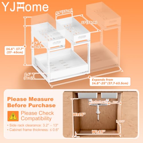 Upgrade 1 Pack Expandable Under Sink Organizer: 2-Tier Pull Out Cabinet with 3 Heavy-Duty Ball-Bearing Slide Rails, Tool-Free Height Adjustable, Slide-Out Drawers for Kitchen, Bathroom, Laundry - size: 1 Pack 15”-25”