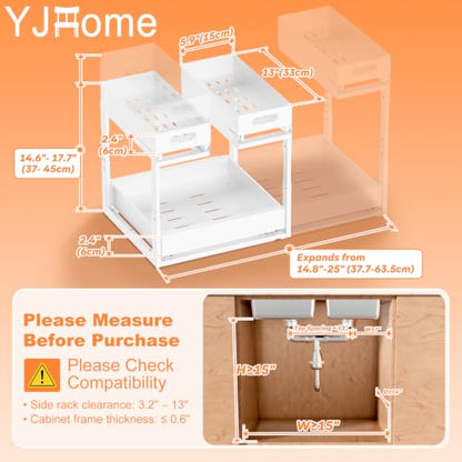 Upgrade 1 Pack Expandable Under Sink Organizer: 2-Tier Pull Out Cabinet with 3 Heavy-Duty Ball-Bearing Slide Rails, Tool-Free Height Adjustable, Slide-Out Drawers for Kitchen, Bathroom, Laundry - size: 1 Pack 15”-25”