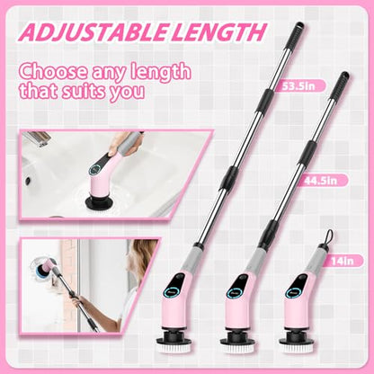 Dovety Electric Spin Scrubber, Cordless Cleaning Brush, Shower Scrubber with 8 Replaceable Brush Head, Power Cleaning Brush with Extension Handle, 2 Adjustable Speed, for Bathtub Tile Floor (Pink)