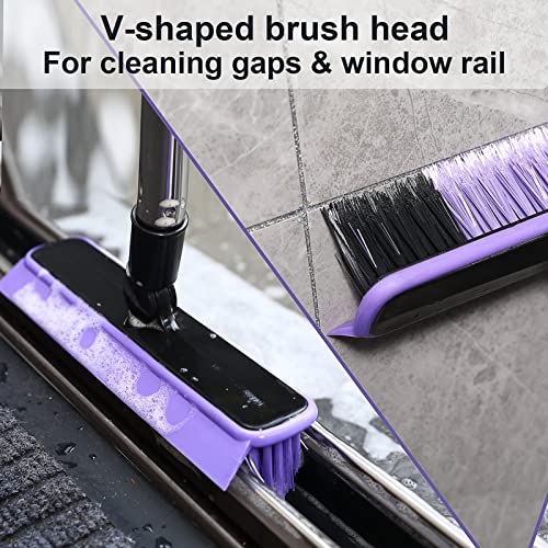 Grout Cleaner Brush with Long Handle, V-Shaped Floor Scrub Brush Swivel Grout Brush Stiff Bristle Floor Grout Scrubber for Bathroom, Tile Line, Crevice, Kitchen, Wall, Deck, Garage (Purple) - color: Purple