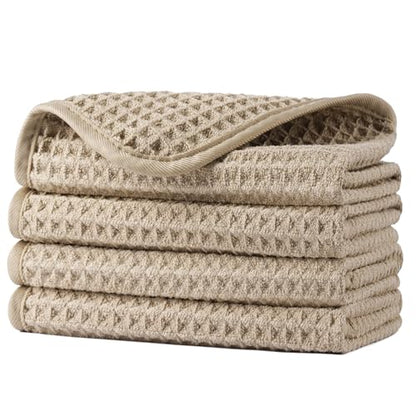 POLYTE 430 GSM Microfiber Lint Free Washcloth Face Towel, 13 x 13 in, 4 Pack (Waffle Weave) - color: Beige