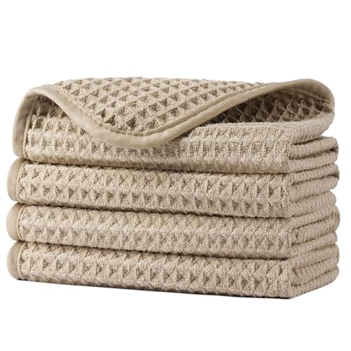 POLYTE 430 GSM Microfiber Lint Free Washcloth Face Towel, 13 x 13 in, 4 Pack (Waffle Weave) - color: Beige