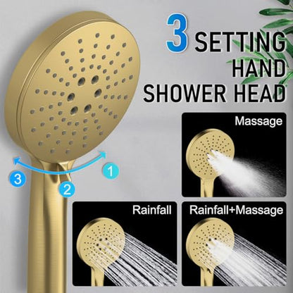 Iriber Thermostatic Shower System Wall Mount with 10 Inch Roud Rainfall Shower Head and Handheld,Shower Faucet Mixer Trim Kit (Valve Included),Brushed Gold - color: Brushed Gold 03