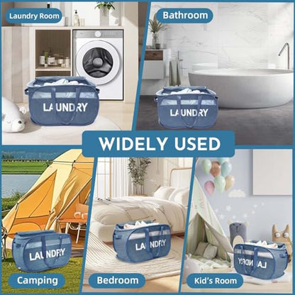 Collapsible Laundry Basket 2 pack, Foldable Pop Up Blue Laundry Baskets Mesh with Lid & Handle, Pop Up Collapsible Laundrys Hamper, Fabric Laundrys Baskets for Dorm, Travel, Bathroom - color: Blue
