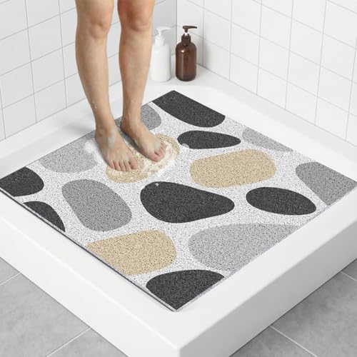 BLESWIN Loofah Bath Mat for Inside Shower, 27"x27" Square Shower Mat with Drain Hole for Stand Up Shower, Bathroom, Large Bathtub Mat Non Slip for Elderly, Quick Drying& Easy Clean, Gray Stone - color: Gray Stone, size: 27" x 27" (Square)