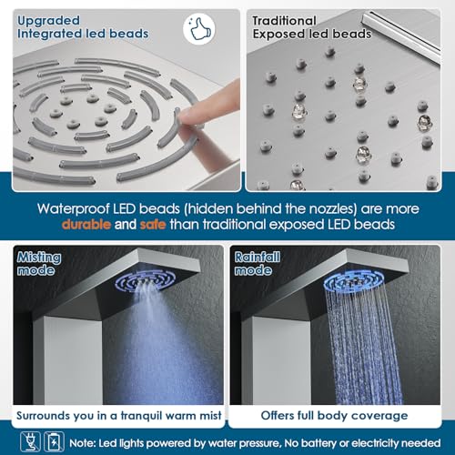 ROVOGO LED Shower Panel Tower With Lights & Digital Display, Water Powered | Rain Mist Shower Head, Handheld, 5 Body Jets, Tub Spout, Hydroelectric Shower Column Stainless Steel W/ Brass Valves, Brushed - style: 6-Function-Brushed-Water Powered