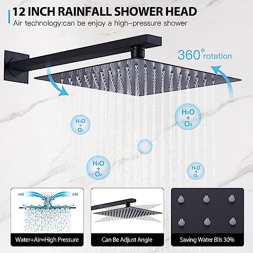 Shower System with 6 PCS Body Spray Jets 12 Inch Rain Shower Head Wall Mounted,Can Run All Together Contain Shower Faucet Rough-in Valve Body and Trim,Matte Black