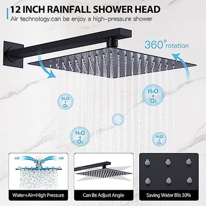Shower System with 6 PCS Body Spray Jets 12 Inch Rain Shower Head Wall Mounted,Can Run All Together Contain Shower Faucet Rough-in Valve Body and Trim,Matte Black