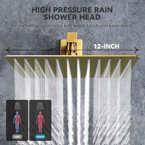 Rain Shower System With Complete 4 Pcs Body Sprays Jets And Pressured Balance Rough-in Valve,12Inch Rainfall Shower Head And Handheld, Modern Brushed Gold Wall Mount Shower Faucets Sets - color: Brushed Gold, style: Wall-Mounted 4 Jets