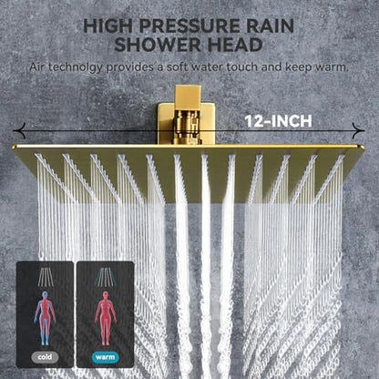 Rain Shower System With Complete 4 Pcs Body Sprays Jets And Pressured Balance Rough-in Valve,12Inch Rainfall Shower Head And Handheld, Modern Brushed Gold Wall Mount Shower Faucets Sets - color: Brushed Gold, style: Wall-Mounted 4 Jets