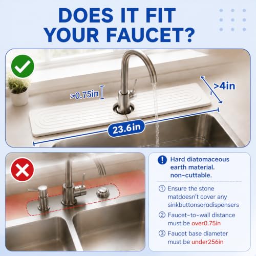 Diatomite Stone Faucet Mat for Kitchen Sink - 23.6" x 4" Fast Drying Stone Sink Tray, Water Absorbing Faucet Splash Guard Behind Faucet, Diatomaceous Earth Counter Protector (White) - size: 23.6" x 4"