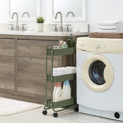 SunnyPoint Slim Rolling Storage Cart, 3 Tier Bathroom Storage Organizer Bathroom, Laundry Utility Cart (Army) - color: Army