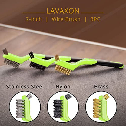 Wire Brush Set 3Pcs - Nylon/Brass/Stainless Steel Bristles with Curved Handle Grip for Rust, Dirt & Paint Scrubbing with Deep Cleaning – 7 Inches (Green) - color: Green