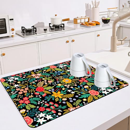 Dish Drying Mat for Multiple Usage. Super Absorbent, Easy clean, Quick dry, Cocina Accesorios for Kitchen Counter or Faucet Sink, Coffee bar, Refrigerator or Air fryer liners, 1 Pack wildflowers