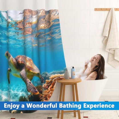 No Hook Shower Curtain with Snap in Liner, Ocean Themed Turtle Shower Curtain with Mesh Top Window and Weighted Hem, 71x74 Inches Double-layer Waterproof Fabric Shower Curtain and Button Liner Set - color: Sea Turtle