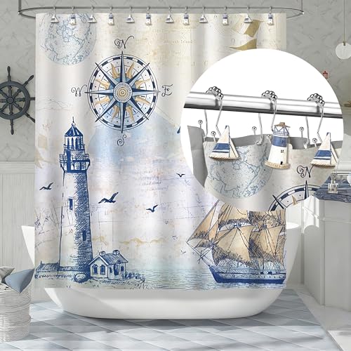 Sunlit Nautical Double Shower Curtain Hooks, Home Decorative Coastal Shower Curtain Rings for Bathroom, Resin, Ocean Shower Curtain Hanger Hooks for Living Room, Set of 12, Blue Lighthouse Sailboat - size: Sailboat & Lighthouse With Double Hooks