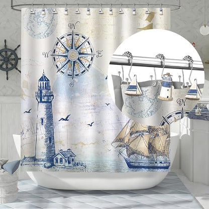 Sunlit Nautical Double Shower Curtain Hooks, Home Decorative Coastal Shower Curtain Rings for Bathroom, Resin, Ocean Shower Curtain Hanger Hooks for Living Room, Set of 12, Blue Lighthouse Sailboat - size: Sailboat & Lighthouse With Double Hooks
