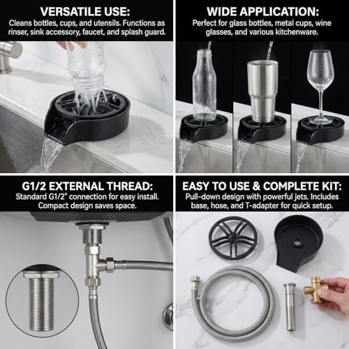 POCREATION Automatic Glass Washer Cup Rinser, 360 Degree Rotating Spout Sink Accessory Stainless Steel Bottle Washer for Bottles, Cups, Utensils Black ABS Basin (US 9/16 Hose)