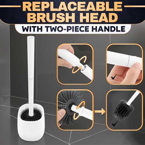 Toilet Bowl Brush and Holder, Silicone and Plastic (White) | Compact Toilet Brush, Easy to Place and Simple to Store After Use, Strong Rubber Plunger & Stiff Bristle Brush - color: White