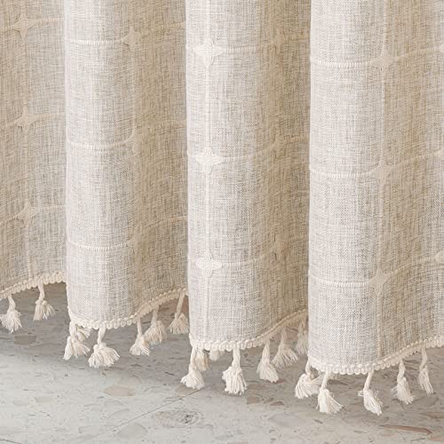 MitoVilla Boho Farmhouse Shower Curtain Set, Modern Boho Shower Curtains for Bathroom Decor, Tan Brown Polyester Linen Fabric Shower Curtain, Rustic Neutral Weave Cloth Shower Curtain, Taupe, 72 x 72 | 310GSM Linen Blend Heavy Duty Cloth,3-side Tassels,Wr