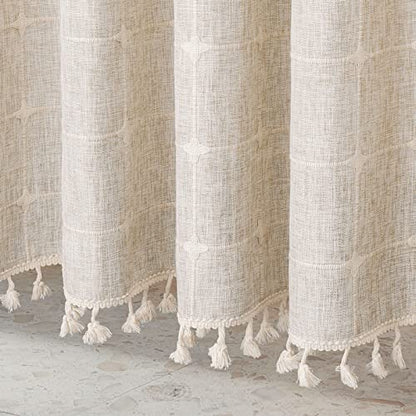 Boho Farmhouse Classic Plaid Linen Tassel Shower Curtain Grey,36x72 | Small Stall Half Size,310GSM Linen Blend Heavy Duty Cloth,3-side Tassels,Wrinkle Resistant,Chic Farmhouse Country,12 Hooks - color: Tan Brown, size: 36"W x 72"L (Pack of 1)