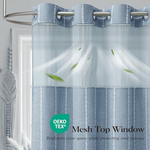 72x87 Ringless Boho Striped Tassel Shower Curtain with Snap Liner Blue | Extra Long Size, Heavy Duty Linen Blend, 3 in 1 Shower Curtain Set, Farmhouse Style, Waterproof & Washable, Mesh Top Window - color: Blue, size: 72"W x 87"L (Pack of 1)