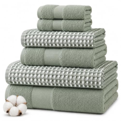 Modern Threads 6 Piece Cotton Bath Towel Set – Ultra Soft 600 GSM Towels – Bathroom Set with Hand Towels and Washcloths – Waffle (Deep Sage) - color: Deep Sage, style: Waffle