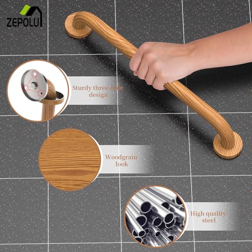 Wood Grain Shower Grab Bar 16 Inch, Grab Bar for Bathtub and Shower | Stainless Steel, Wall Mount wooden grab bar, Bathroom Handrail, Balanced Support Assist Handle for Elderly Senior Handicap