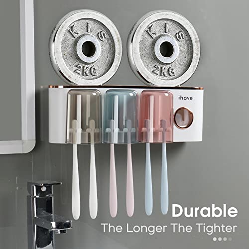 iHave Toothbrush Holders for Bathrooms Wall Mounted with Dispenser & 3 Cups | 9 Slots Wall Mount Toothbrush Holders for Bathrooms with Squeeze Toothpaste Dispenser, 3 Cups & 3 Compartments Organizer - color: White 3 Cups