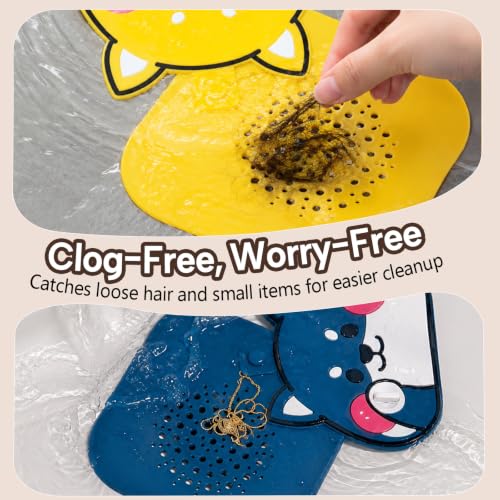 2Pack Square Shower Drain Hair Catcher for Bathtub and Shower | Khaki thick silicone, cartoon animal design, reusable hair stopper for floor drains, kitchen laundry room utility use - color: Khaki