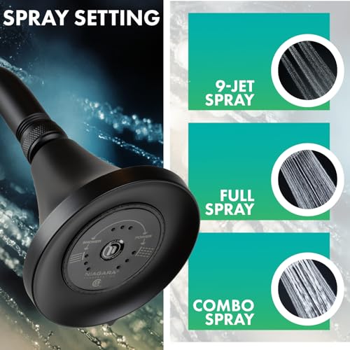Niagara Conservation N3915MB Earth Luxe 3-Spray with 1.5 GPM 3.35-in. Wall Mount Adjustable Fixed Shower Head in Matte Black, 1-Pack | Bathroom Shower Head Sprayer with Pressure Compensation - color: Matte Black, style: 1.50 GPM