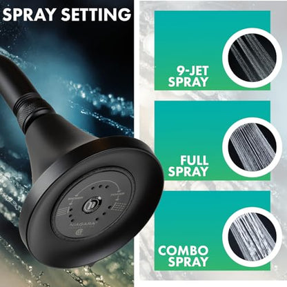 Niagara Conservation N3915MB Earth Luxe 3-Spray with 1.5 GPM 3.35-in. Wall Mount Adjustable Fixed Shower Head in Matte Black, 1-Pack | Bathroom Shower Head Sprayer with Pressure Compensation - color: Matte Black, style: 1.50 GPM
