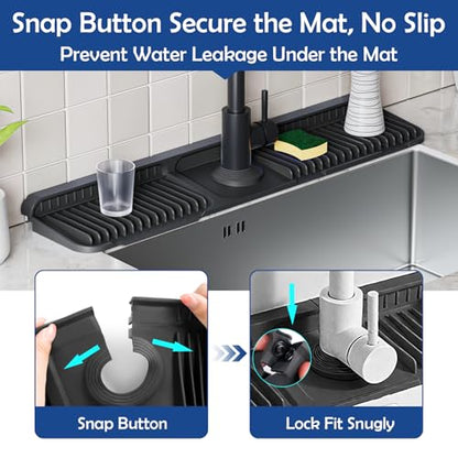 24"Longer Silicone Faucet Mat For Kitchen Sink Splash Guard Black, 24"x5.5" | 7° Slope Snap Lock- Sink Faucet Mat Splash Guard Kitchen Sink Area Silicone Sink Water Splash Guard Behind Faucet - color: Black