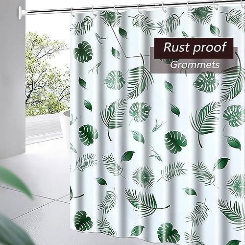TIKABC Shower Curtain Liner, 4G PEVA Green Leaf Shower Liner, Plastic Waterproof Shower Curtains, 72x72 inch with Grommet Holes 3 Magnetic Weights - color: White-green Leaf